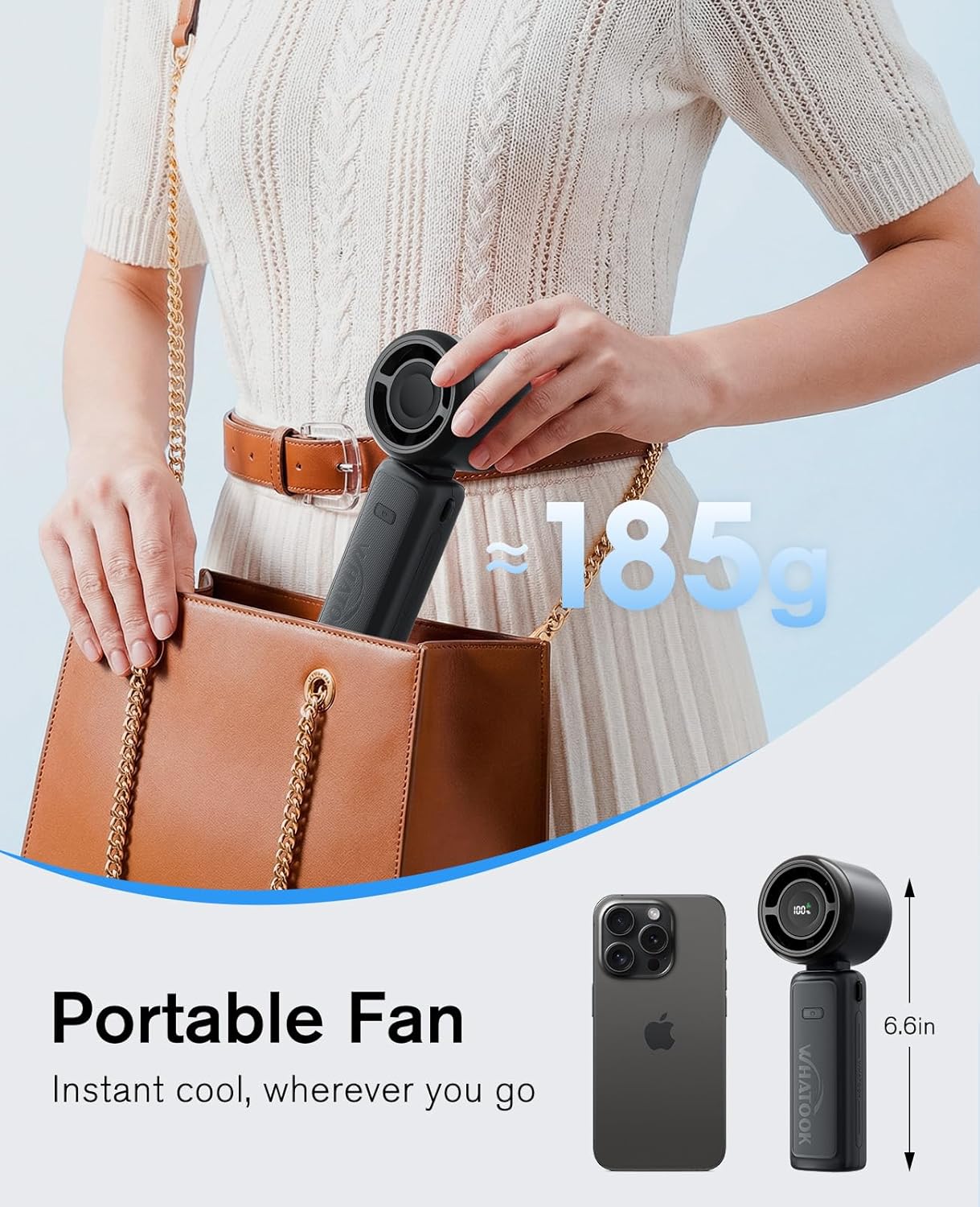 WHATOOK Portable Personal Handheld Fan: High Speed Cooling Fan, 12 Hours Battery Life, USB Rechargeable, Small Essentials for Women Cruise Travel, Beach Vacation