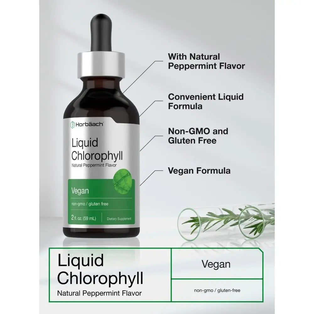 Horbäach Liquid Chlorophyll Drops | 2 oz | Vegan, Non-GMO & Gluten Free | Natural Peppermint Flavor