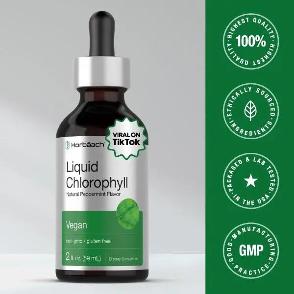 Horbäach Liquid Chlorophyll Drops | 2 oz | Vegan, Non-GMO & Gluten Free | Natural Peppermint Flavor